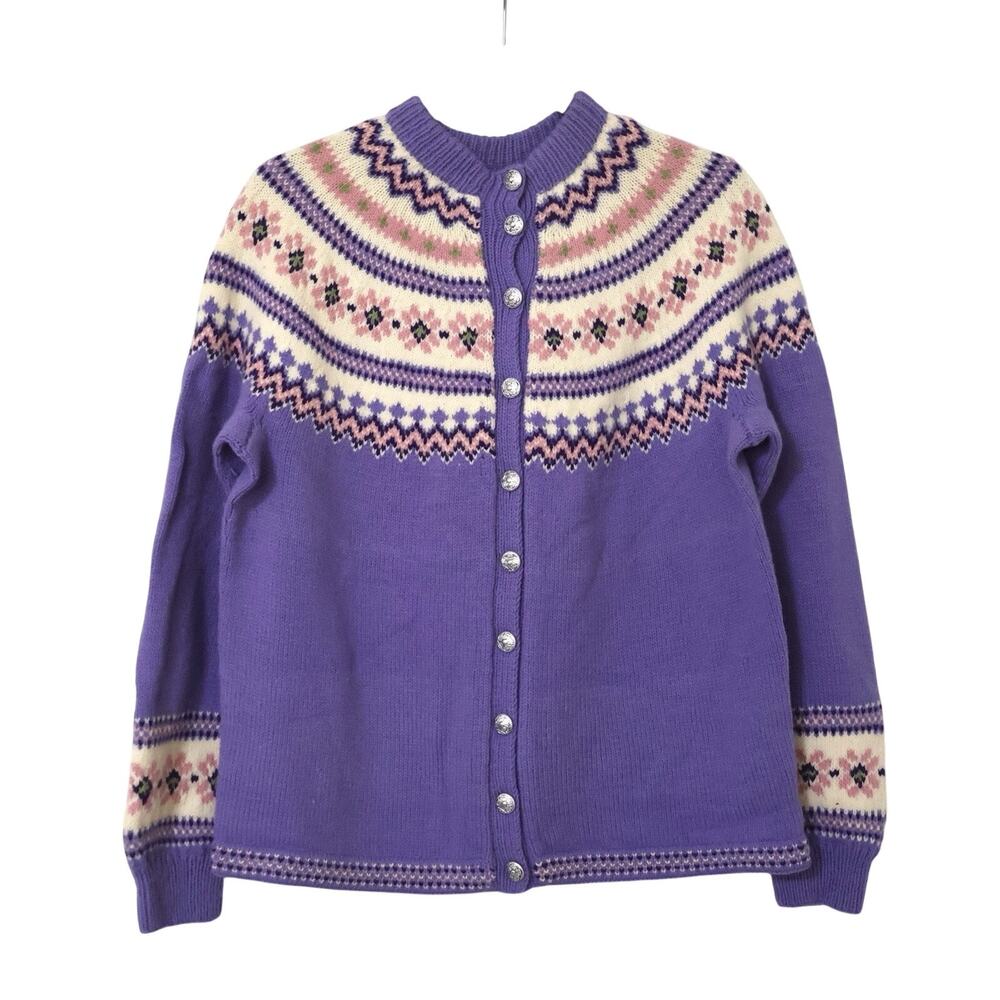 Vintage Pastel Lavender Pink Fair Isle Button Front Cardigan Sweater M Coquette